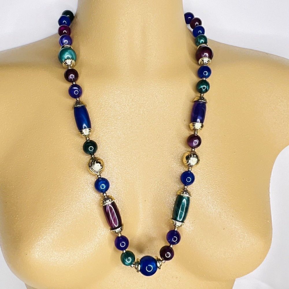 Vintage Lucite Necklace Green Plum Blue Gold Beads Beaded Multi Color 4662